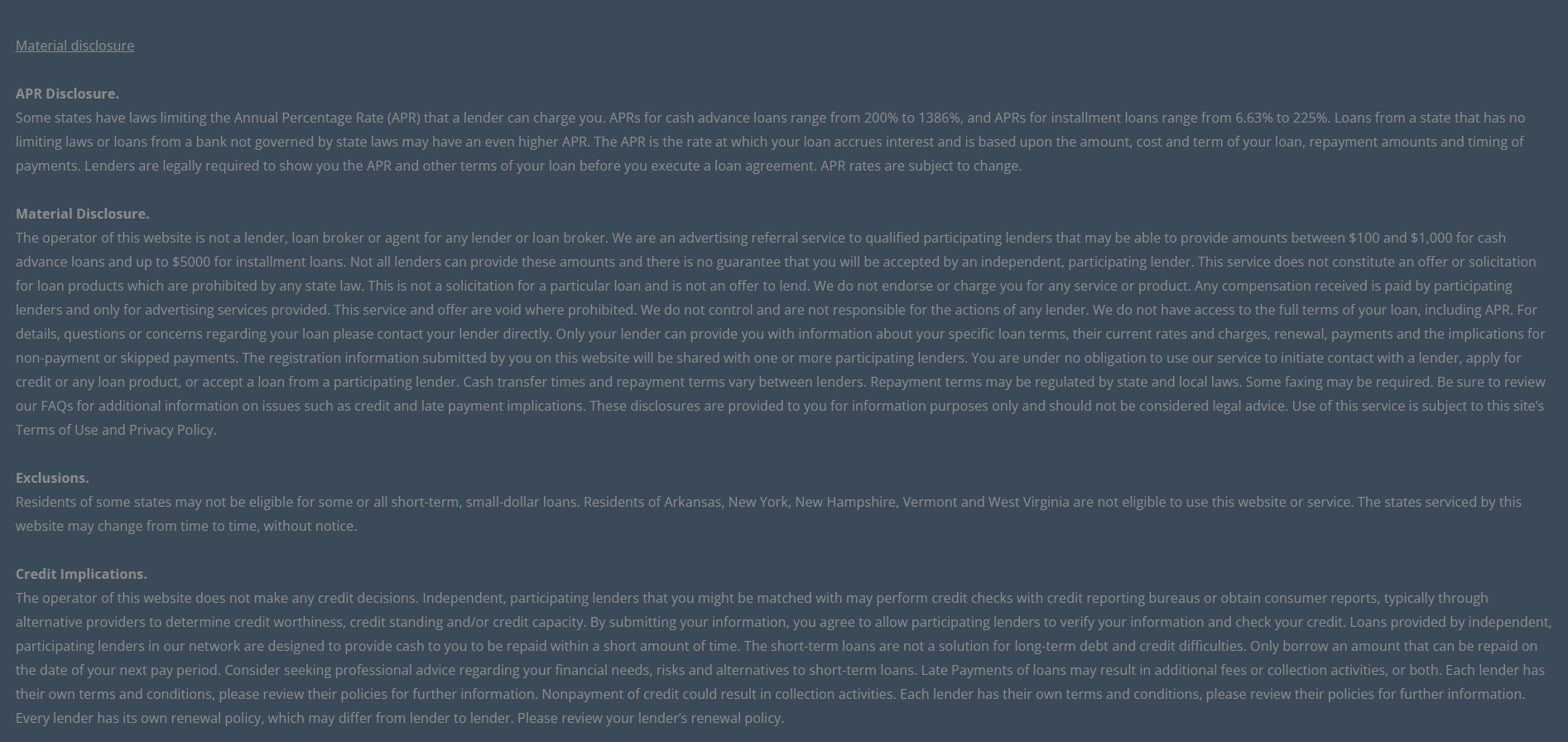 Material disclosure for payday loans in Salt Lake City Utah